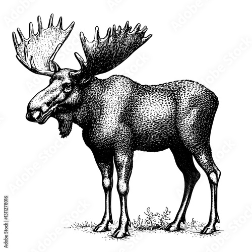 Elegant engraved illustration of a moose showcasing intricate details suitable for tattoo and packaging design