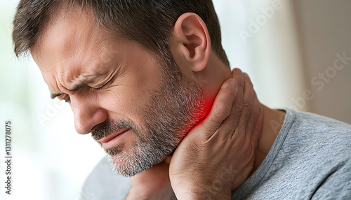 A man with a pained expression holds his neck, indicating discomfort or pain, possibly related to a neck or shoulder issue.