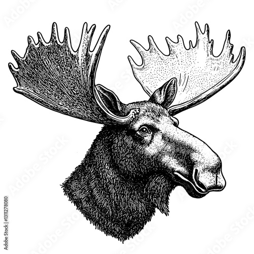 Engraved illustration of a majestic moose head showcasing intricate details in vector art style for tattoo and packaging design