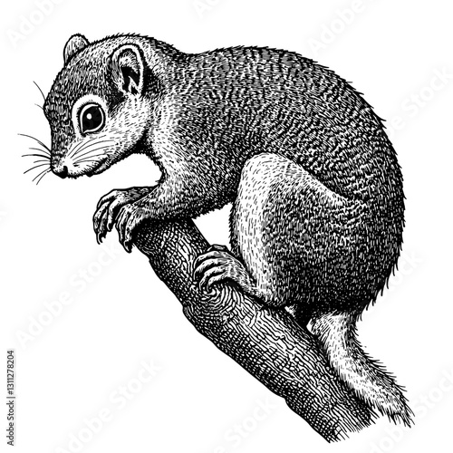 A finely detailed engraving captures a lively squirrel balanced on a slender branch