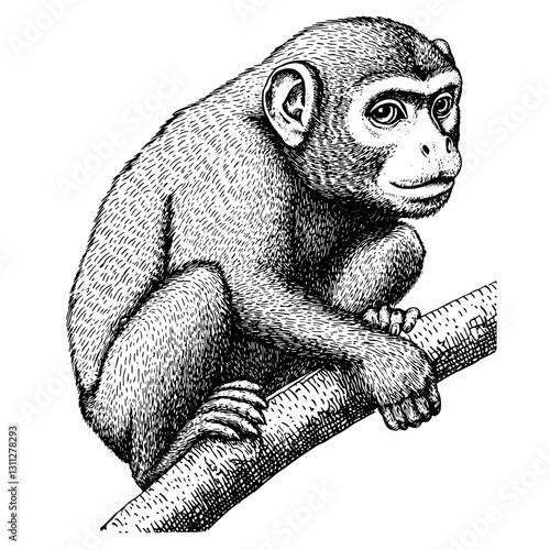 Engraved illustration of a thoughtful monkey perched on a branch, creating an alluring design for tattoos and packaging