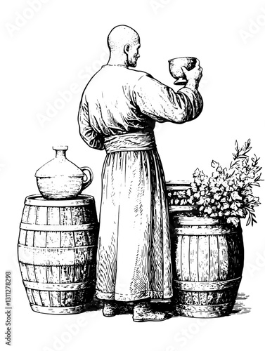 Engraved illustration of a monk preparing herbal concoctions among rustic barrels and flowers at an apothecary in medieval times