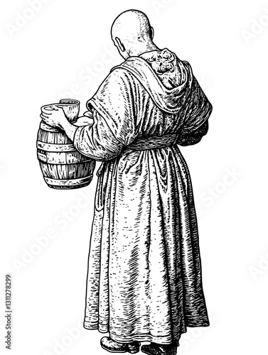 Monk holding a wooden barrel in a tranquil setting, evoking a sense of simplicity and tradition
