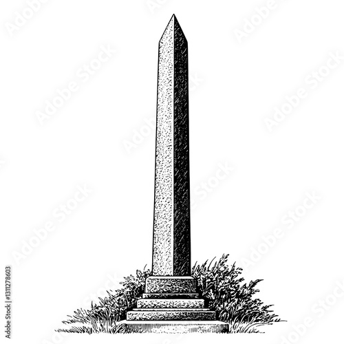 Engraved depiction of a majestic obelisk surrounded by lush greenery for art and design inspiration