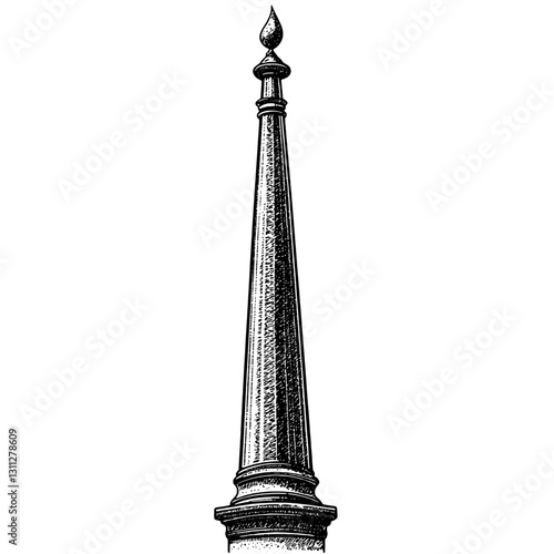 Engraved vector illustration of a slender monument topped with a decorative finial for artistic tattoo and packaging design