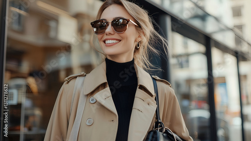 A stylish woman wearing sunglasses and a beige trench coat smiles confidently while walking in an urban setting.