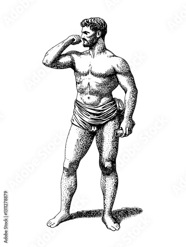 Powerful figure standing in thought, showcasing strength and confidence in an intricate engraved illustration