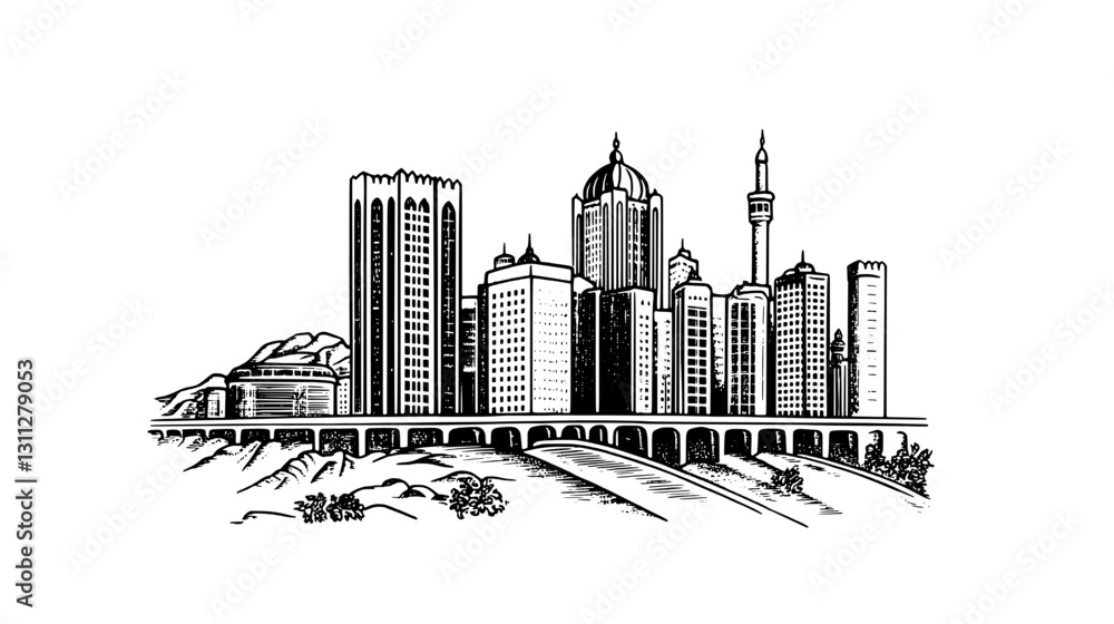 Obraz premium Engraved illustration of a skyline featuring towering buildings and architectural details in a creative packaging design style