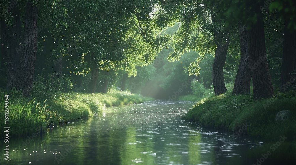 Fototapeta premium Sunlit stream flows through lush green forest.