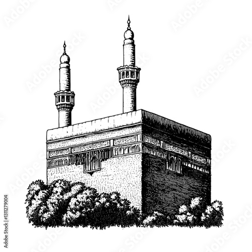 Detailed engraved illustration of an ancient structure surrounded by lush greenery captures a moment of serenity and devotion in cultural heritage
