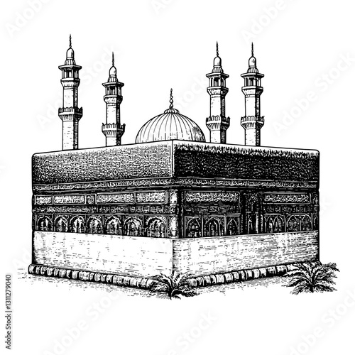 Featuring detailed engravings, this artwork captures a grand structure with towering minarets and a prominent dome
