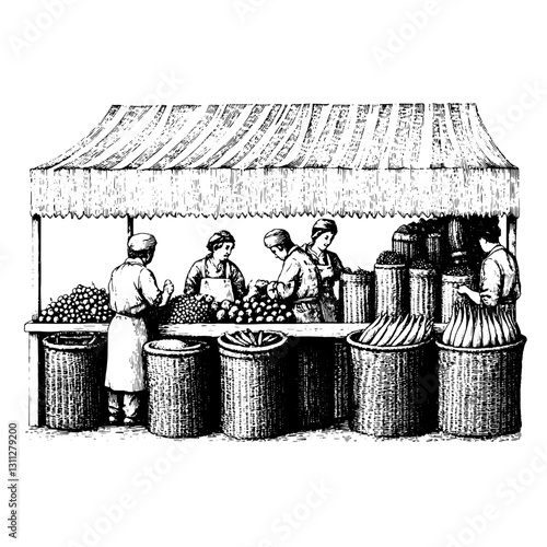 Engraved illustration of a lively market stall with vendors showcasing fresh produce for eager shoppers in a traditional setting
