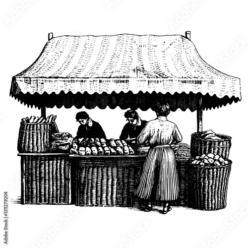 Engraved illustration of a bustling market stall showcasing baked goods and vibrant activity among vendors and customers