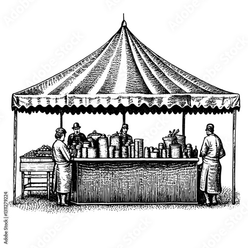 Engraved illustration of a bustling market with vendors under a striped tent showcasing fresh produce and goods