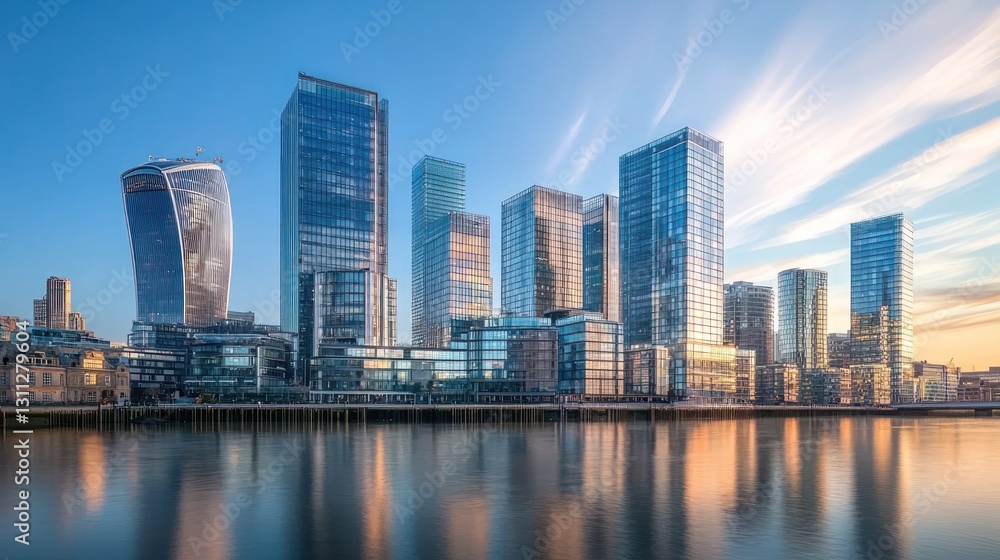 Cityscape, modern architecture reflected in calm water at sunrise. Cityscape, modern architecture reflected in calm water at sunrise.