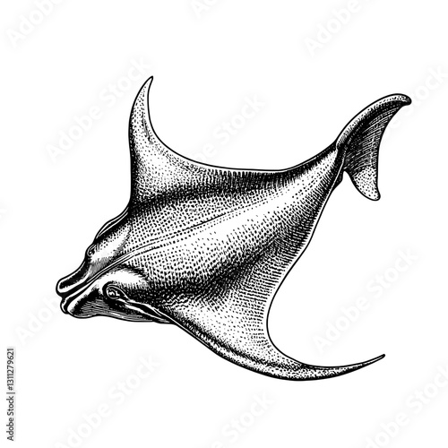 Engraved vector illustration of a manta ray showcasing intricate details for tattoo and design purposes