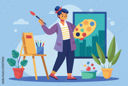 A person enthusiastically holds a paintbrush and palette while standing next to an easel, ready to create art, Person holding brush with board and paint palette trending