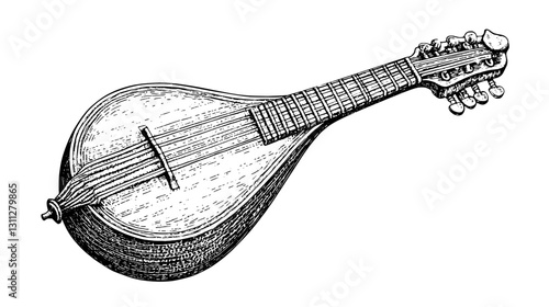 Engraved vector illustration of a traditional string instrument showcasing intricate design details for art and design inspirations