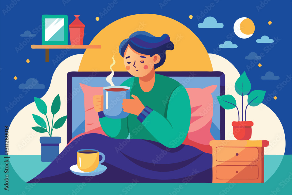 A person sits in bed, sipping coffee, surrounded by plants and enjoying a peaceful morning atmosphere, person in bed drinking coffee vector flat isolated illustration A person sits in bed, sipping coffee, surrounded by plants and enjoying a peaceful morning atmosphere, person in bed drinking coffee vector flat isolated illustration