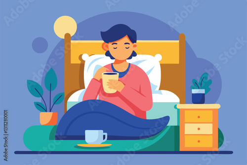 A person enjoys a comforting cup of coffee while sitting in bed, surrounded by a peaceful atmosphere, person in bed drinking coffee vector flat isolated illustration