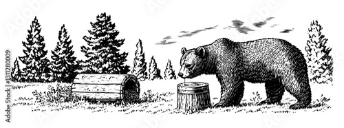 Engraved illustration of a bear exploring a log in a nature setting surrounded by trees
