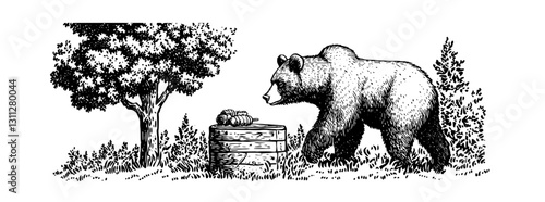 Engraved bear illustration exploring a forest clearing with fruit on a rustic barrel at dusk
