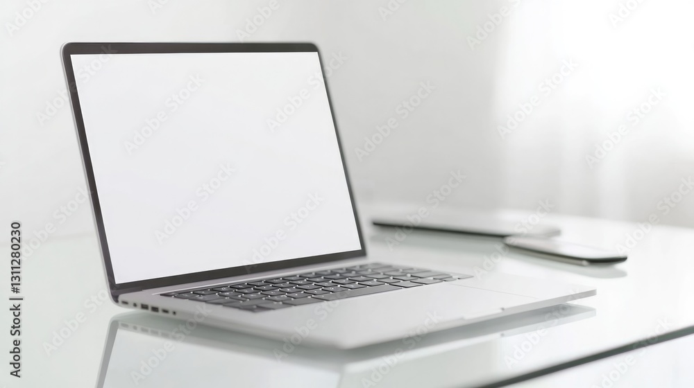 Minimalist workspace featuring an empty laptop screen, promoting Minimalist workspace featuring an empty laptop screen, promoting