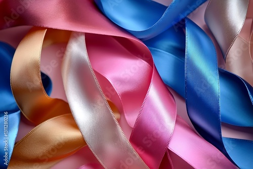 A group satin ribbons in pink gold and blue displayed elegantly