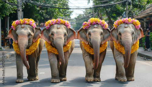 Four decorated elephants walk down a street, adorned with floral garlands, showcasing their beauty and cultural significance.