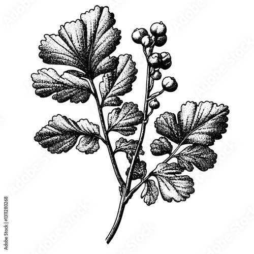 Engraved vector illustration of a botanical leaf and berry design for tattoo and packaging art