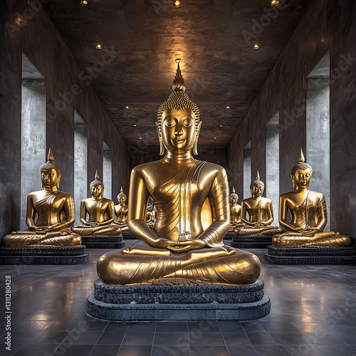 A serene interior featuring multiple golden Buddha statues, set against a minimalist backdrop with subtle lighting, creating a tranquil atmosphere.