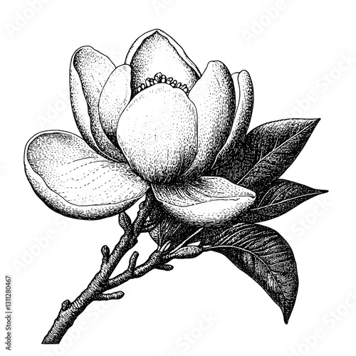 Engraved magnolia flower illustration for elegant packaging and tattoo design inspiration