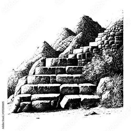 Intricate engraved illustration of ancient stone steps in a mountainous landscape showcasing artistic tattoo design possibilities