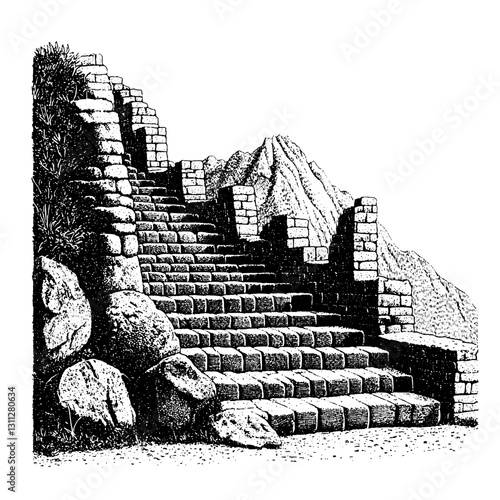 Steps ascend through a rugged landscape, leading towards distant mountains in an intricate engraved illustration photo