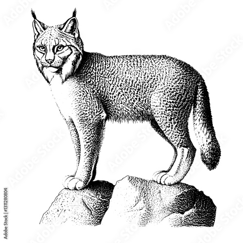 Detailed engraving of a lynx standing proudly on a rock, showcasing its majestic features in a timeless vector design