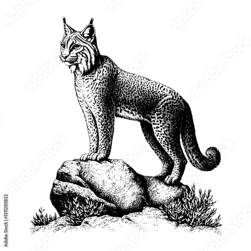 Majestic lynx perched on a rock amidst serene nature, showcasing intricate engravings for tattoo and design inspiration