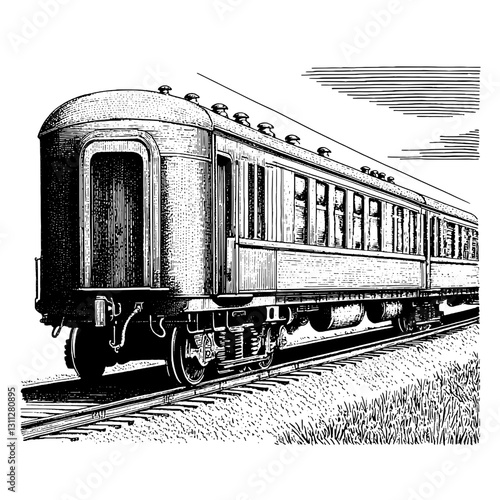 Engraved illustration of a vintage train carriage conveying nostalgia and the essence of travel through time