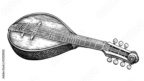 Engraved illustration of a vintage mandolin showcasing intricate design for artistic tattoo and packaging inspiration