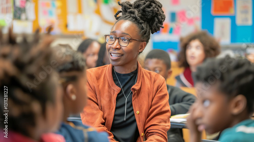 Smiling teacher engages with students in colorful classroom setting.