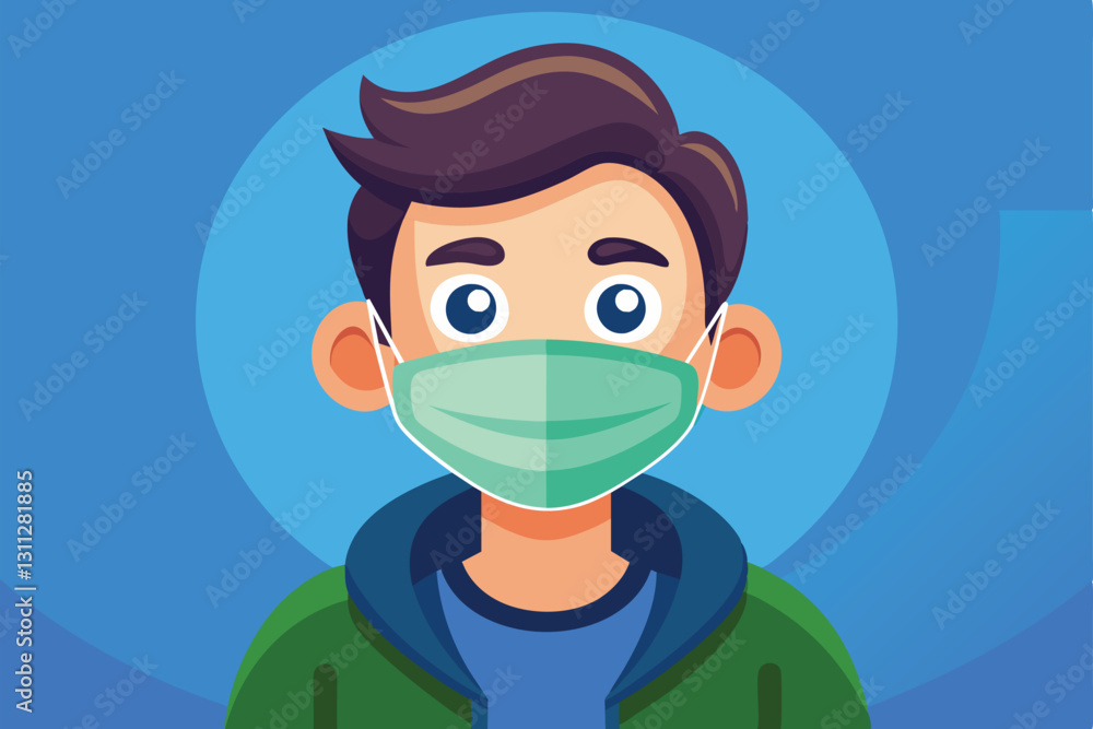 A customizable cartoon figure with a medical mask stands against a bright blue background, Person with medical mask Customizable Cartoon Illustration A customizable cartoon figure with a medical mask stands against a bright blue background, Person with medical mask Customizable Cartoon Illustration