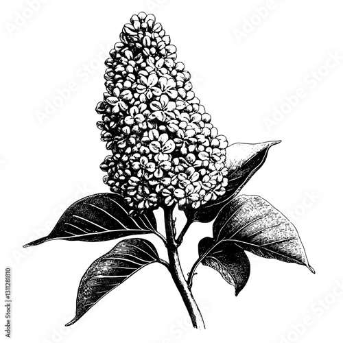 Engraved illustration of a lilac flower showcasing intricate details in vector style for artistic design purposes