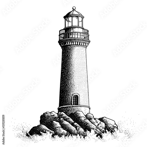 Engraved lighthouse illustration surrounded by rocky shores, perfect for tattoo art and unique packaging design