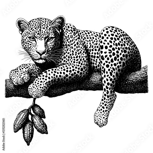 Engraved leopard illustration resting on a branch with cacao pods for tattoo and packaging design inspiration