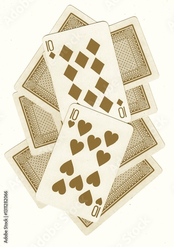 Canvas Print A montage of playing card backs with a pair of tens revealed in sepia