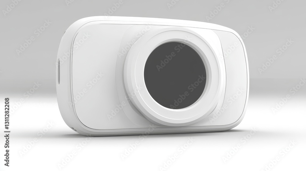White digital camera angled on a plain grey background White digital camera angled on a plain grey background