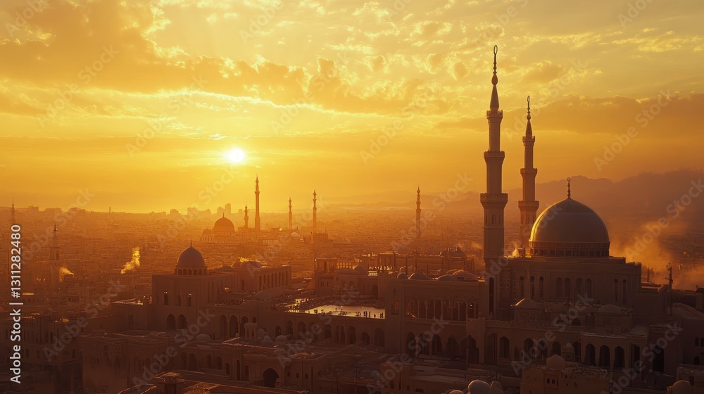 Naklejka premium A beautiful city skyline basked in the golden sunset light