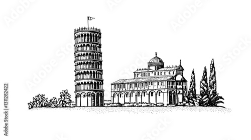 Illustrative engraving of leaning tower and building amidst lush greenery captured in classic vector style for artistic applications
