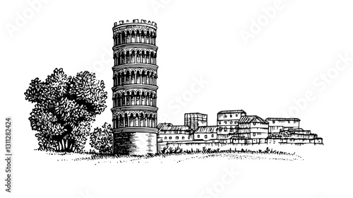 Intricate engraved illustration capturing the timeless elegance of a historic leaning tower amidst a quaint village setting