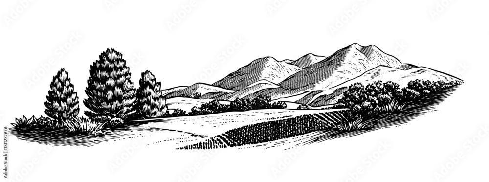 Obraz premium Majestic mountain landscape engraved in detailed vintage style with lush greenery and serene fields