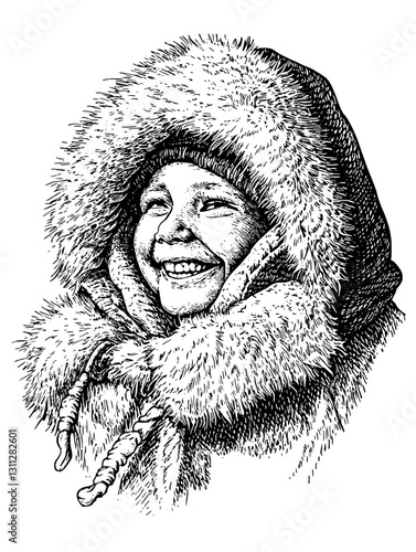 Delightful portrait of a smiling child wrapped in warm fur attire under the icy chill of a winter environment